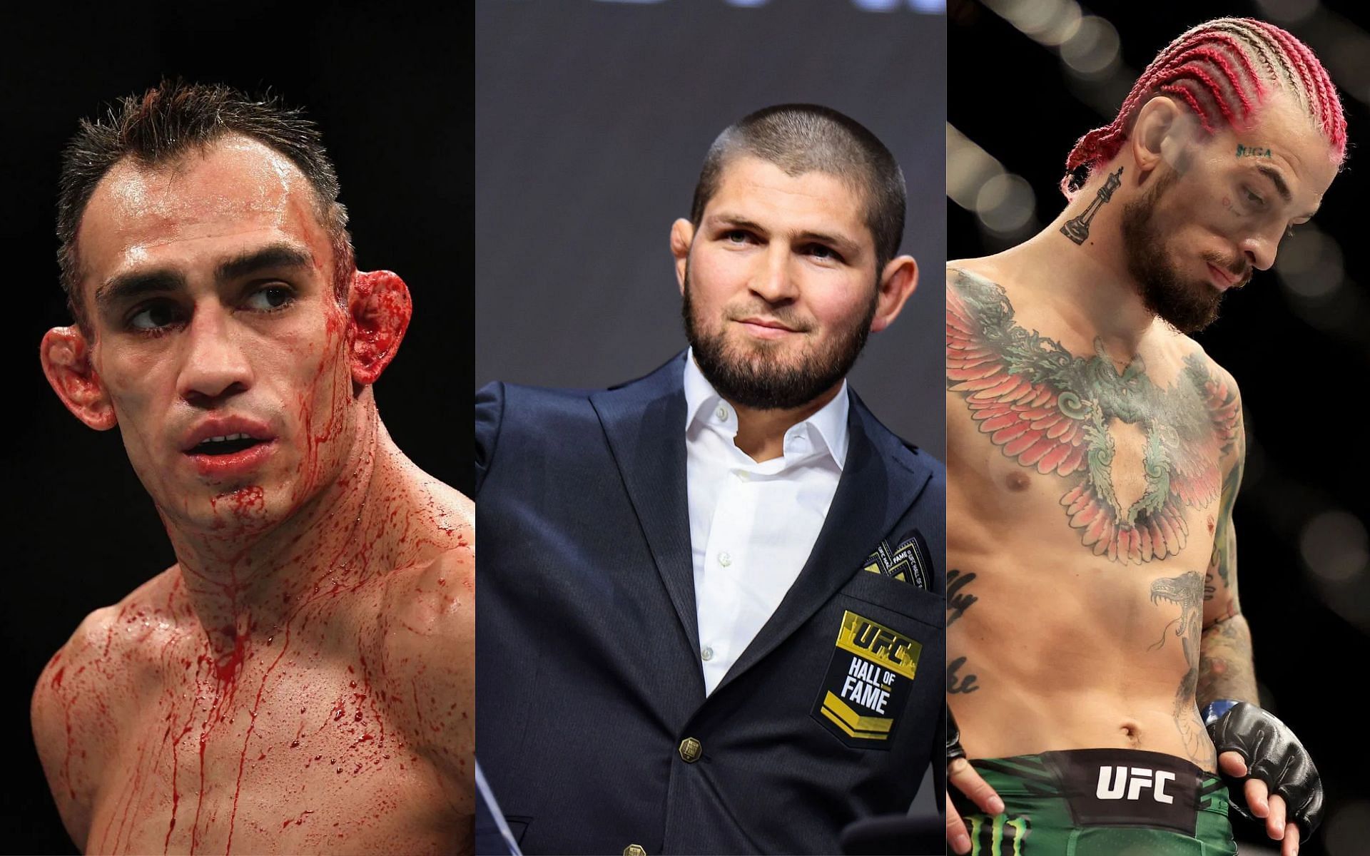 Tony Ferguson (L), Khabib Nurmagomedov (M) and Sean O&#039;Malley (R)