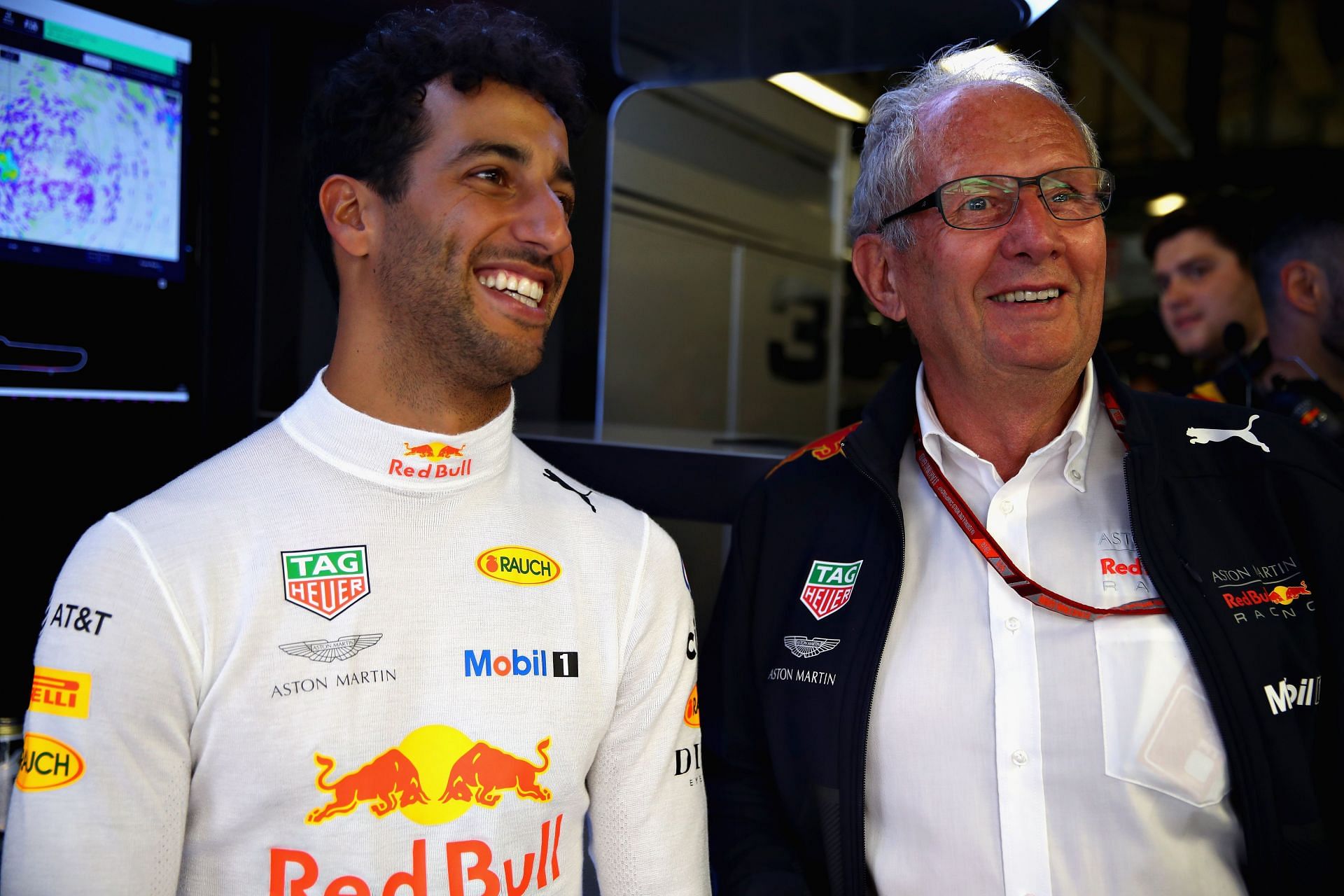 Daniel Ricciardo (left) and Red Bull Racing team consultant Dr. Helmut Marko (right) in the garage during qualifying for the F1 Grand Prix of Italy at Autodromo di Monza on September 1, 2018, in Monza, Italy (Photo by Mark Thompson/Getty Images)