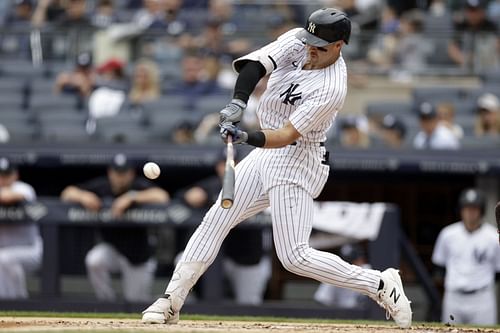 Joey Gallo of the New York Yankees hits a 2-RBI double against the Chicago Cubs