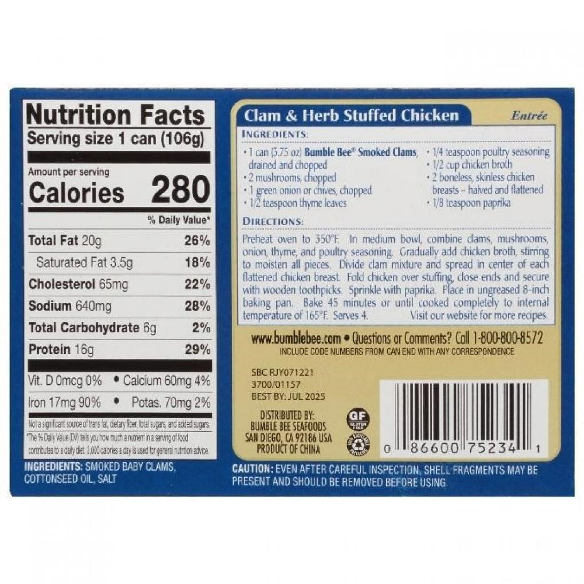 Bumble Bee Smoked Clams with UPC Label 8660075234 being called back for having excess harmful ingredients. (Image via Bumble Bee)