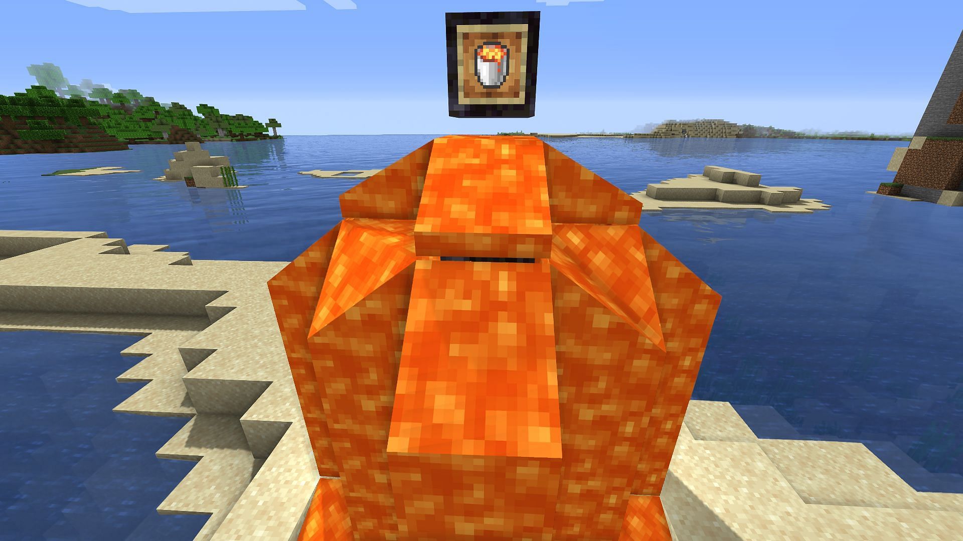 A lava bucket over a lava flow (Image via Minecraft)