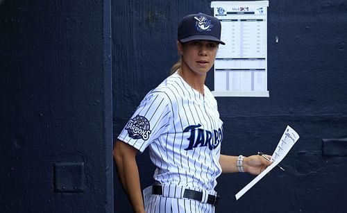 Rachel Balkovec, manager of the Tampa Tarpons, looks on during a game against the Dunedin Blue Jays.