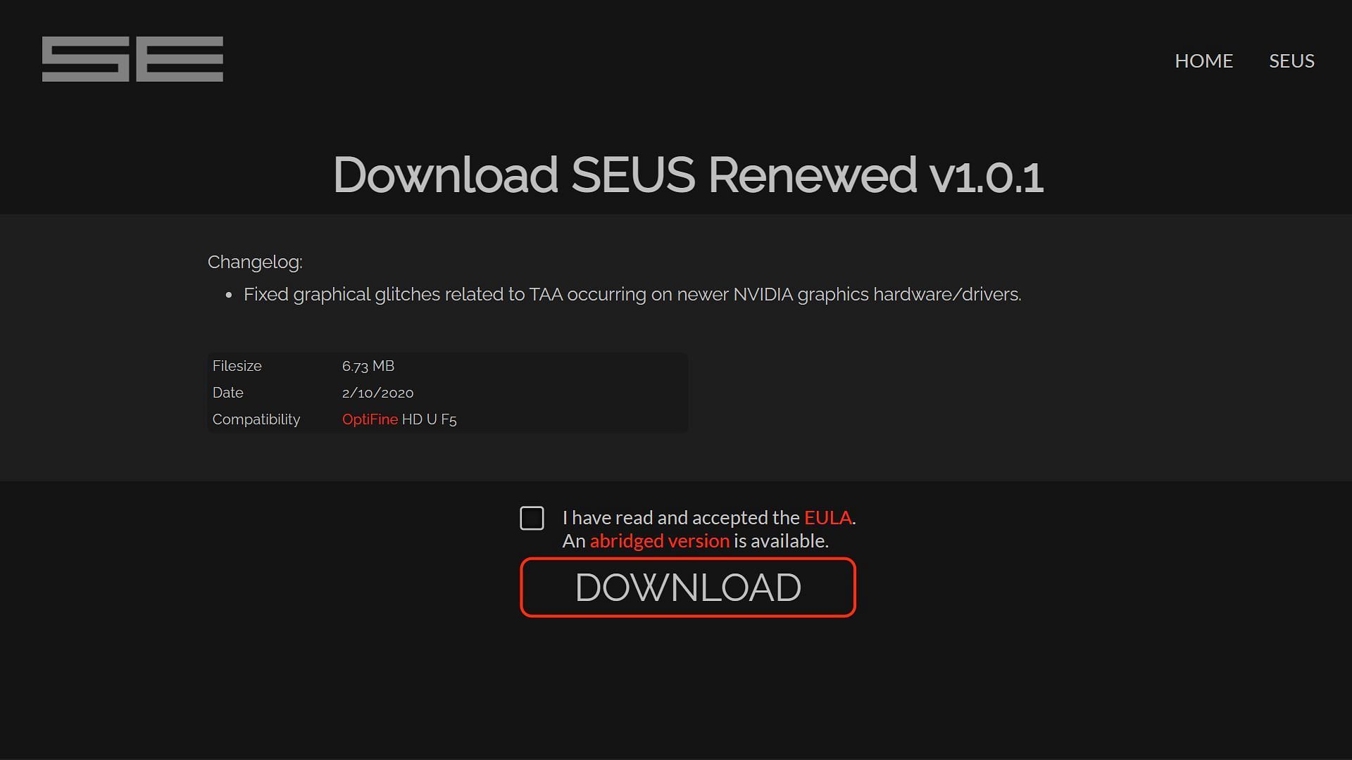 Official SEUS Renewed v1.0.1 download page (Image via Sportskeeda)