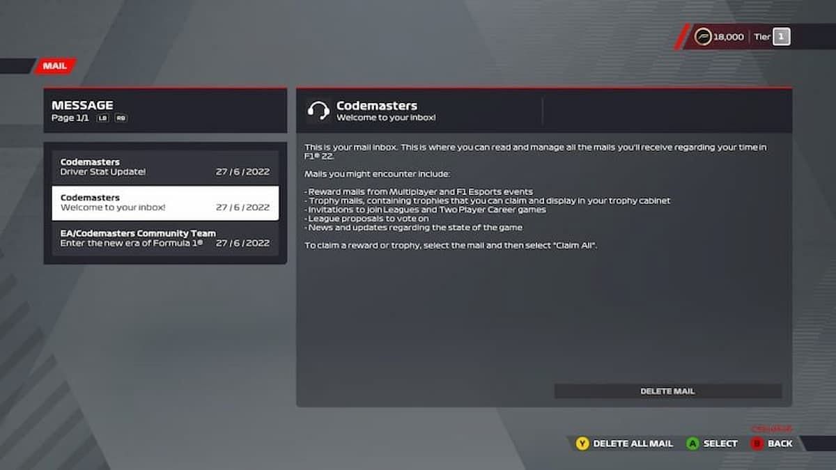 A look at the email inbox (Image via Codemasters)