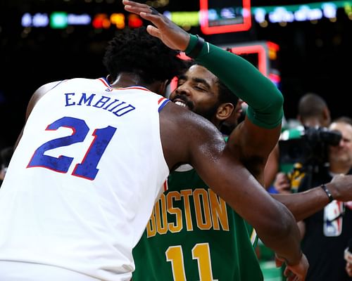 Joel Embiid, left, and Kyrie Irving, right.