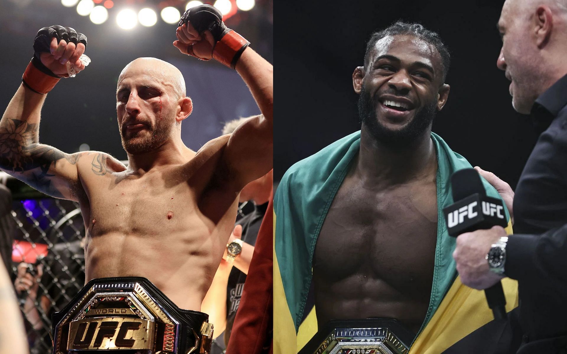 UFC featherweight champion Alexander Volkanovski (left) and bantamweight champion Aljamain Sterling (right)