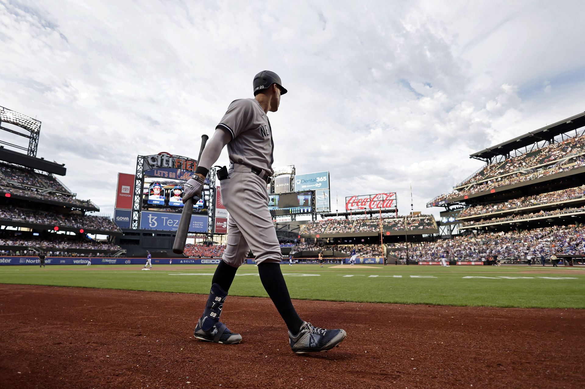 Aaron Judge of the New York Yankees walks on the field during the first inning against the New York Mets at Citi Field.