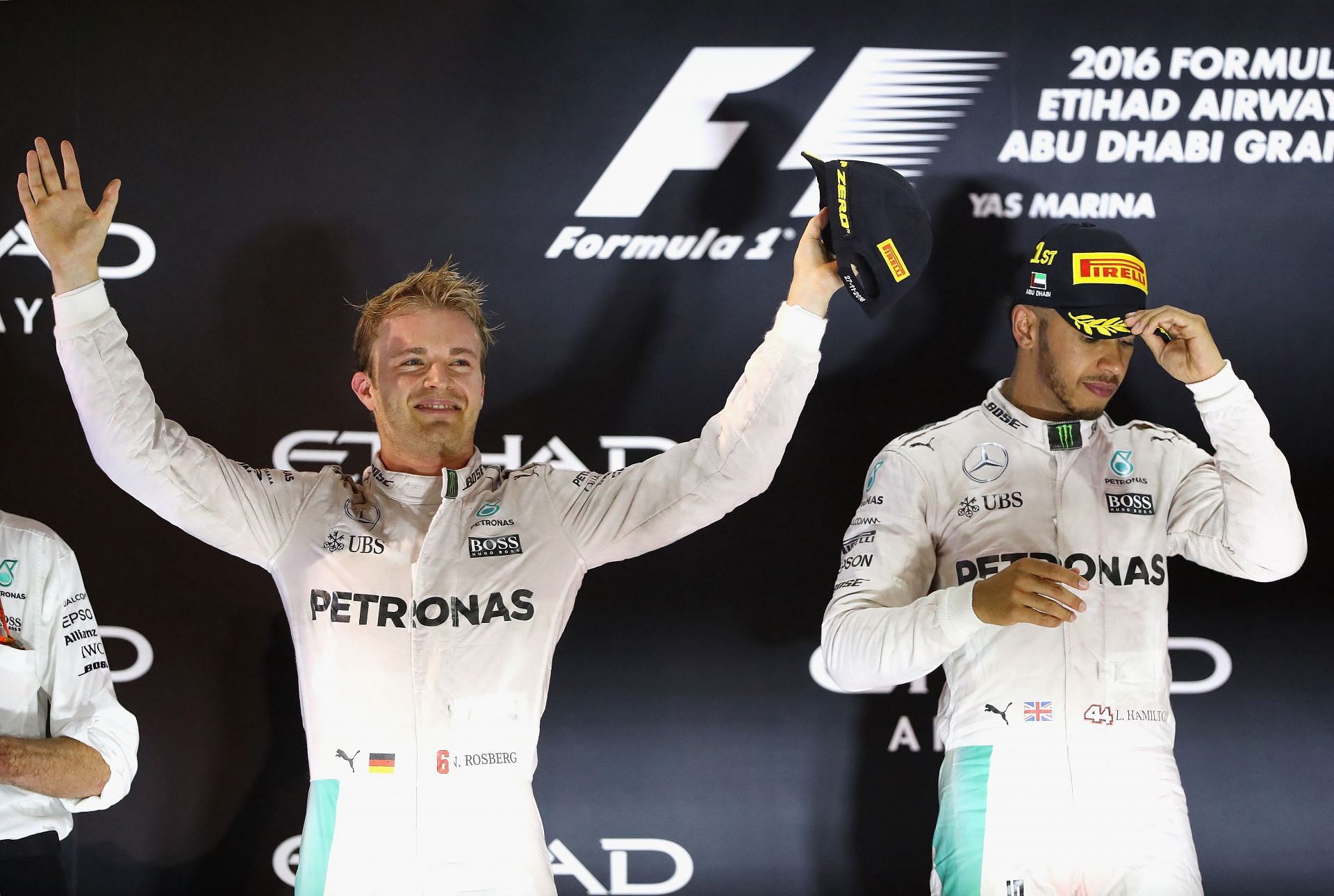 Nico Rosberg and Lewis Hamilton on the podium during the Abu Dhabi Formula One Grand Prix at Yas Marina Circuit on November 27, 2016, in Abu Dhabi, United Arab Emirates (Photo by Clive Mason/Getty Images)