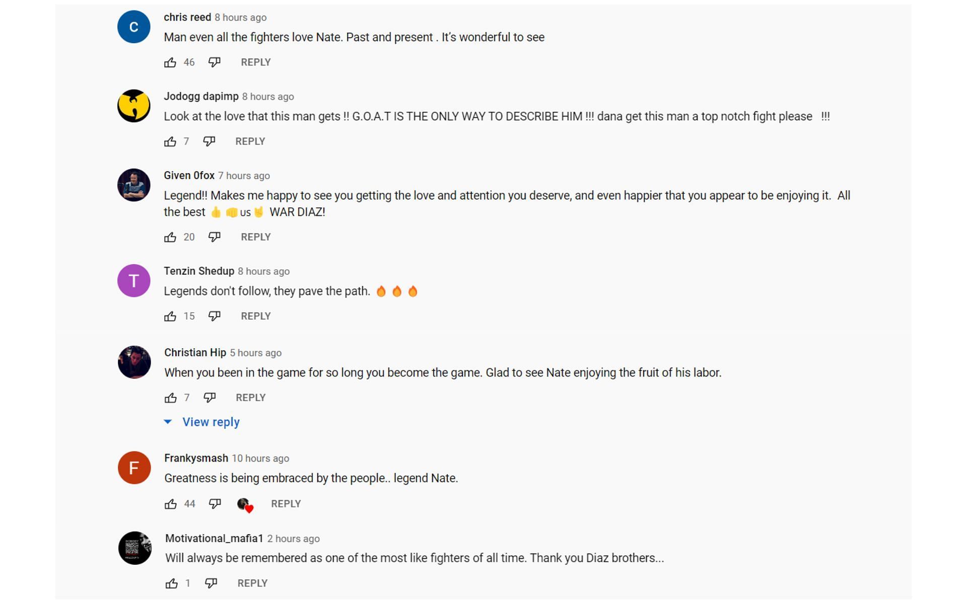 Nate Diaz'ın videosuna yapılan yorumların ekran görüntüsü