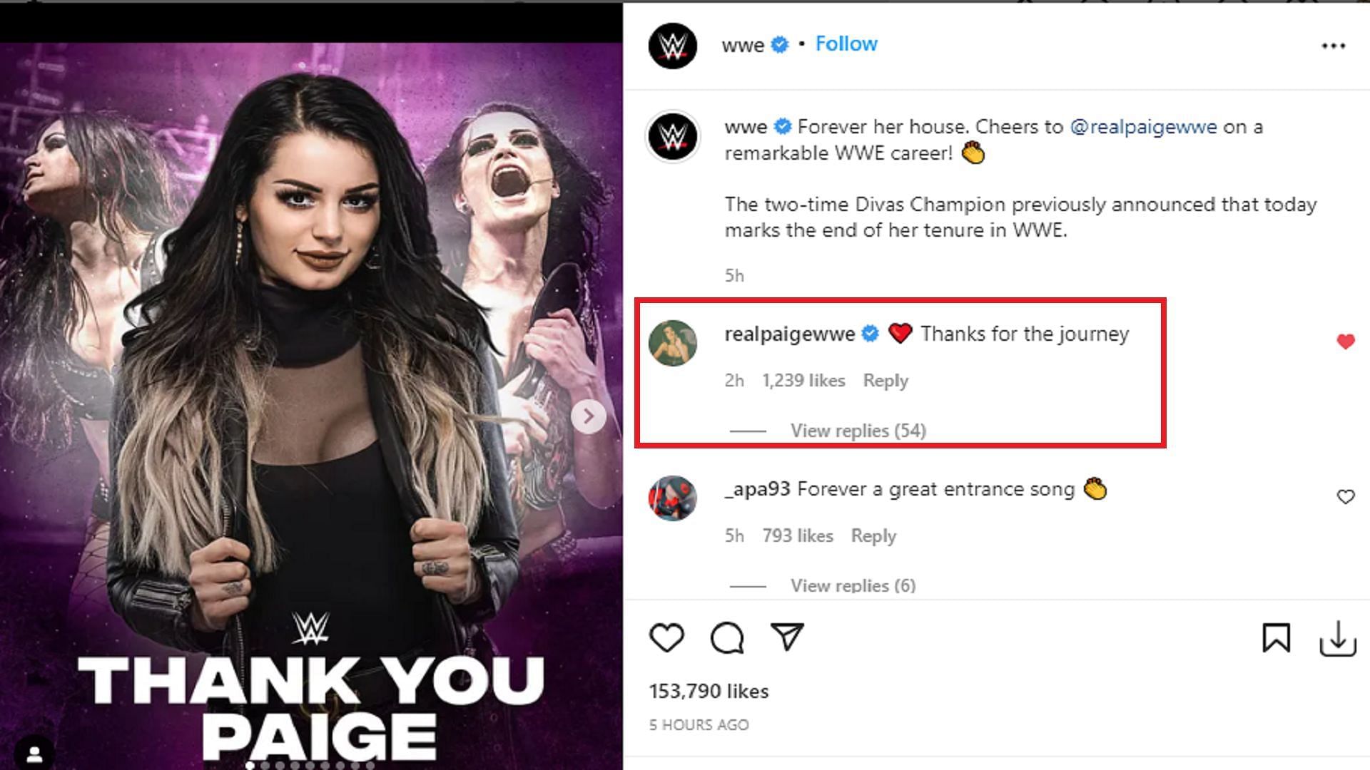 Paige&#039;s reaction to WWE&#039;s farewell message on its official Instagram handle