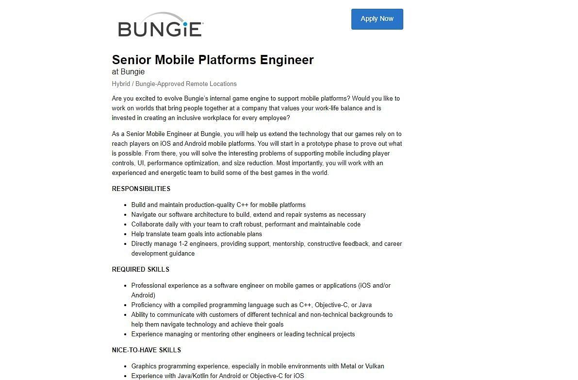 Senior Mobile Platforms Engineer listing at Bungie (Screenshot by Sportskeeda)
