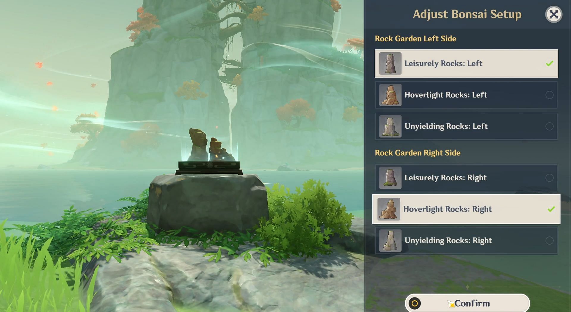 Change the bonsai setup to the first option on the left mountain and second option on the right mountain (Image via HoYoverse)