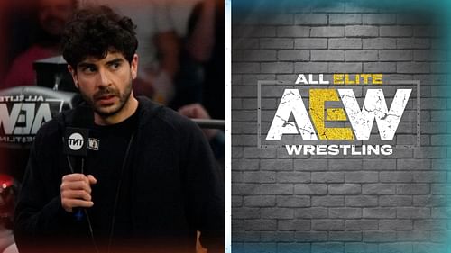 Tony Khan (left) and AEW logo (right).