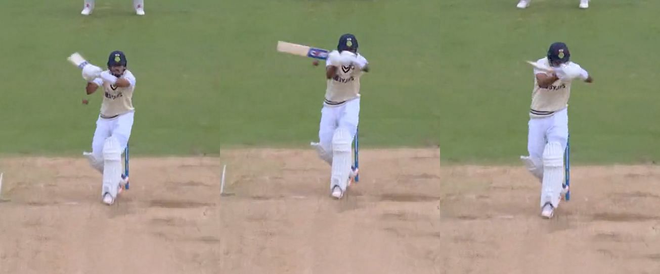 A combination of images show Shreyas Iyer playing the pull short that led to his dismissal in the second innings of the Birmingham Test. Pic: ECB