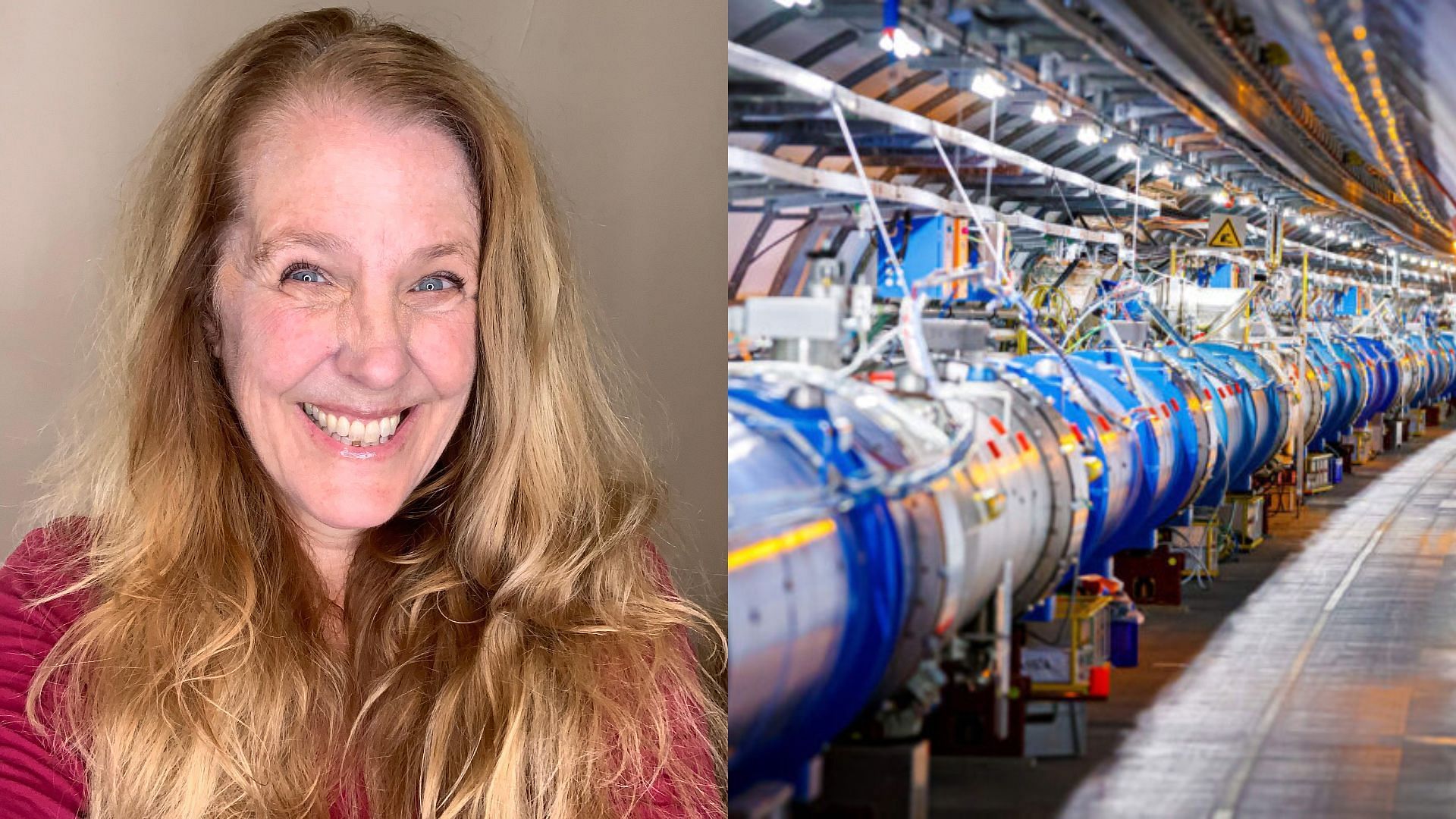 Cynthia Sue Larson (left) and CERN&#039;s Large Hadron Collider (right). (Image via Twitter/cynthialarson and Getty/ValentinFlauraud)