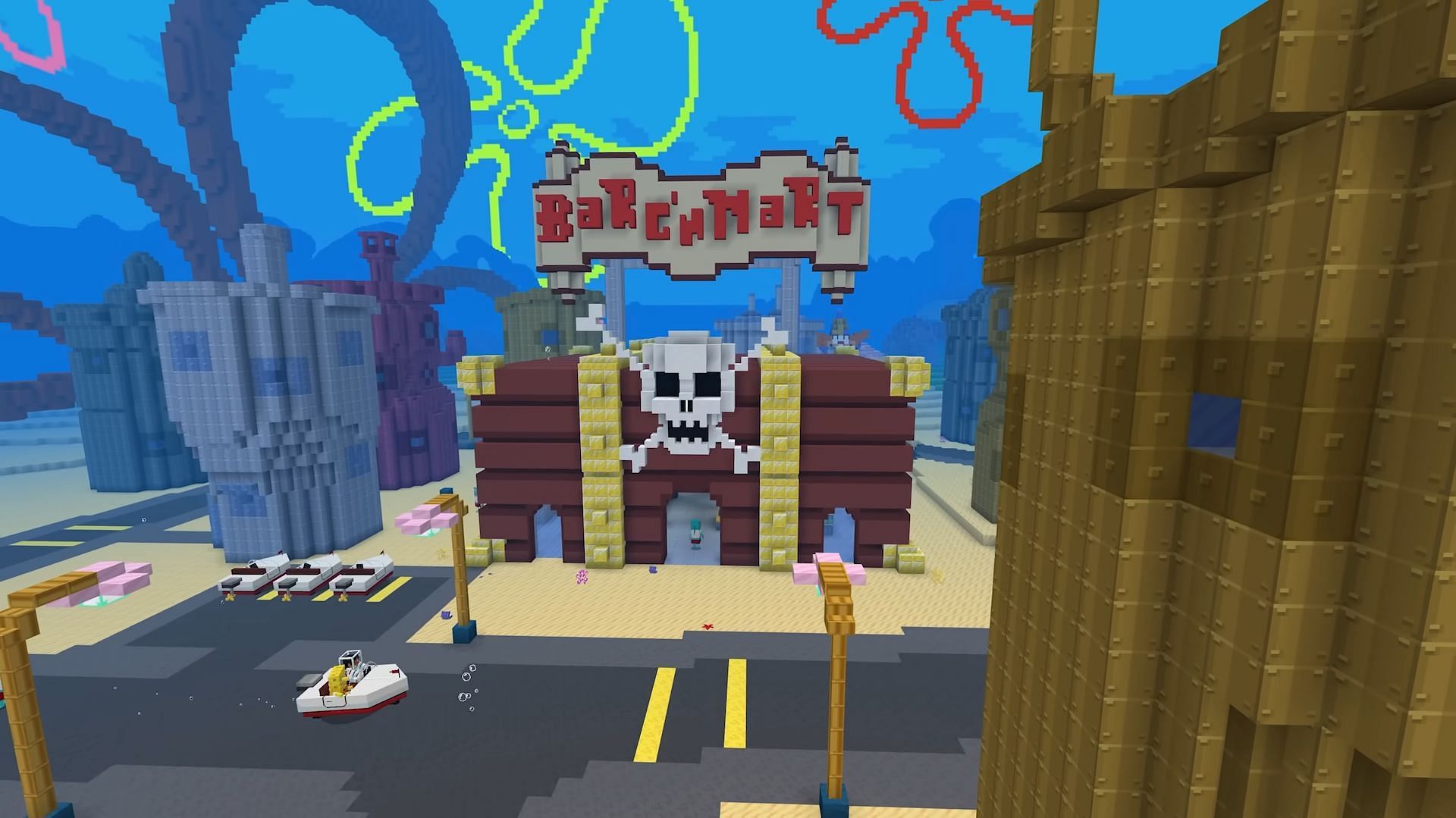 The Barg&#039;N-Mart is one of the many locations players can explore throughout Bikini Bottom (Image via Minecraft)