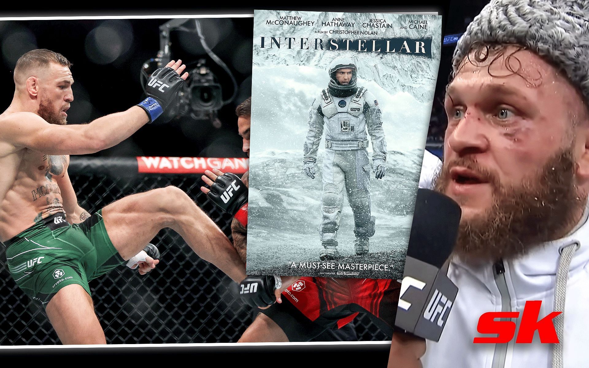 Conor McGregor (left), Interstellar poster (center - image courtesy @Amazon.in) and Rafael Fiziev (right -image @UFC YouTube)