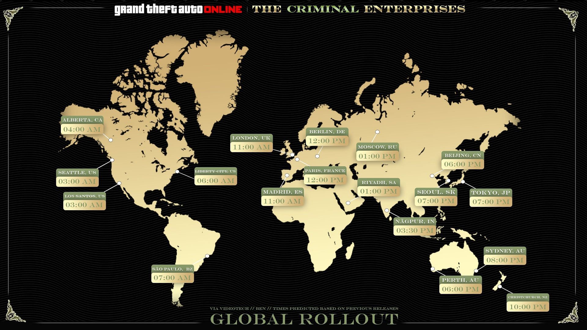 A prediction of timings for GTA Online&#039;s update rollout (Image via Ben)