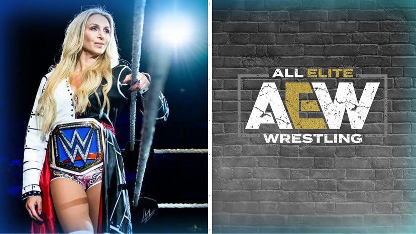 WWE star Charlotte Flair (left) and AEW logo (right).