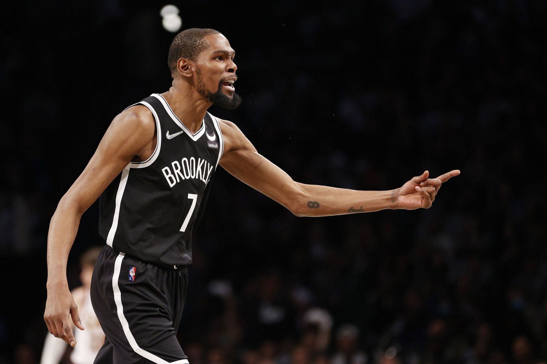 Kevin Durant of the Brooklyn Nets reacts during the Eastern Conference play-in tournament against the Cleveland Cavaliers on April 12 in the Brooklyn borough of New York City. The Nets won 115-108.