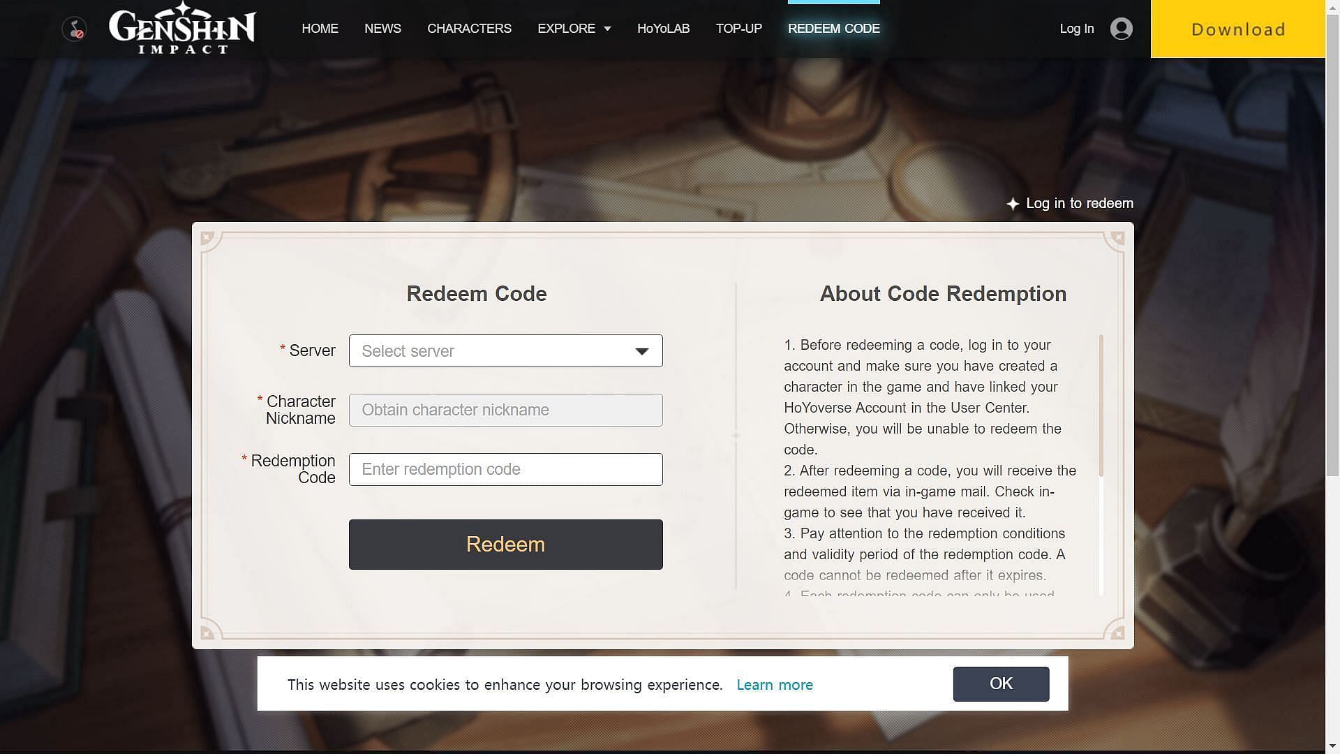 Official website to redeem codes (Image via HoYoverse)