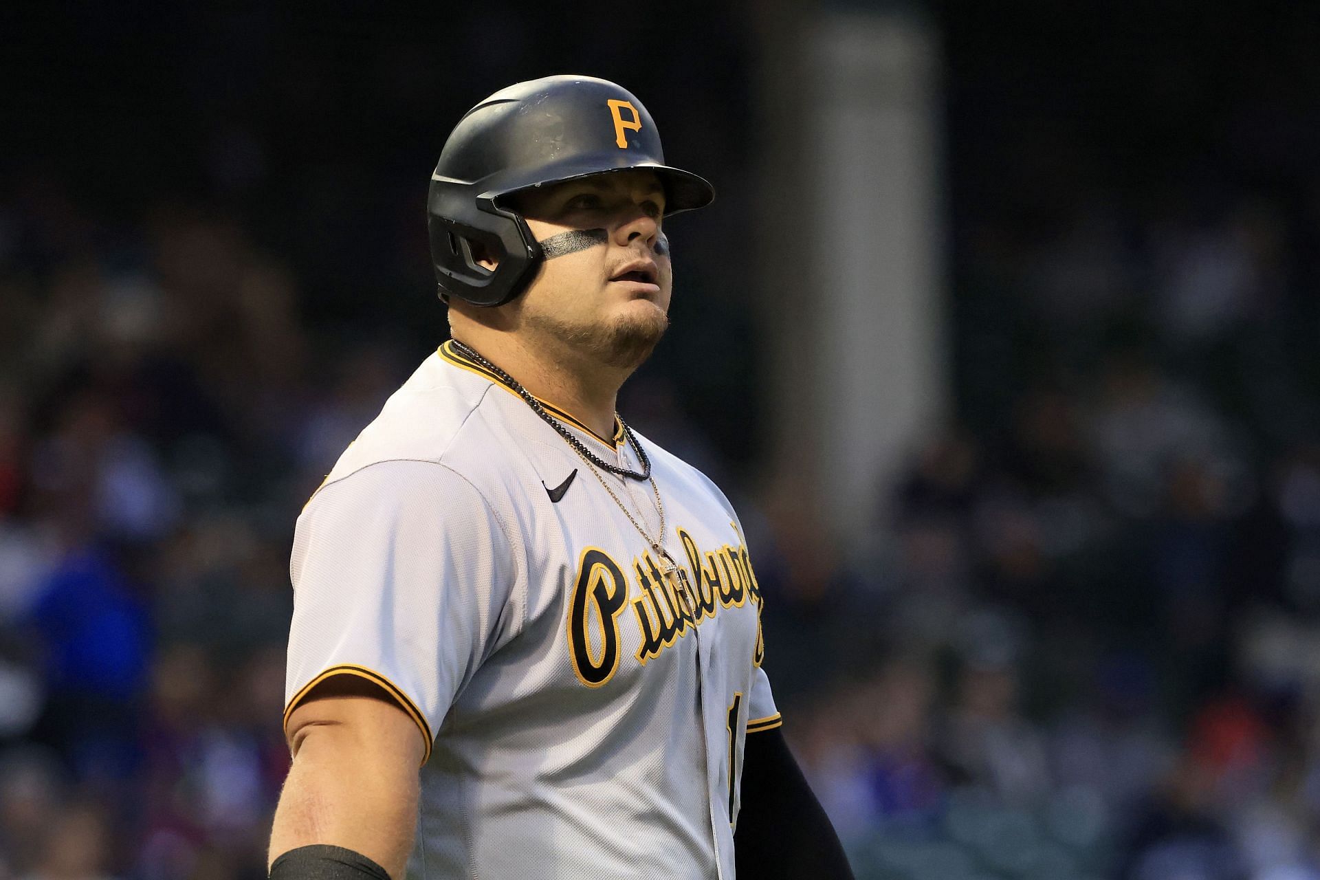 Pittsburgh Pirates' Daniel Vogelbach reacts after his 2-run home