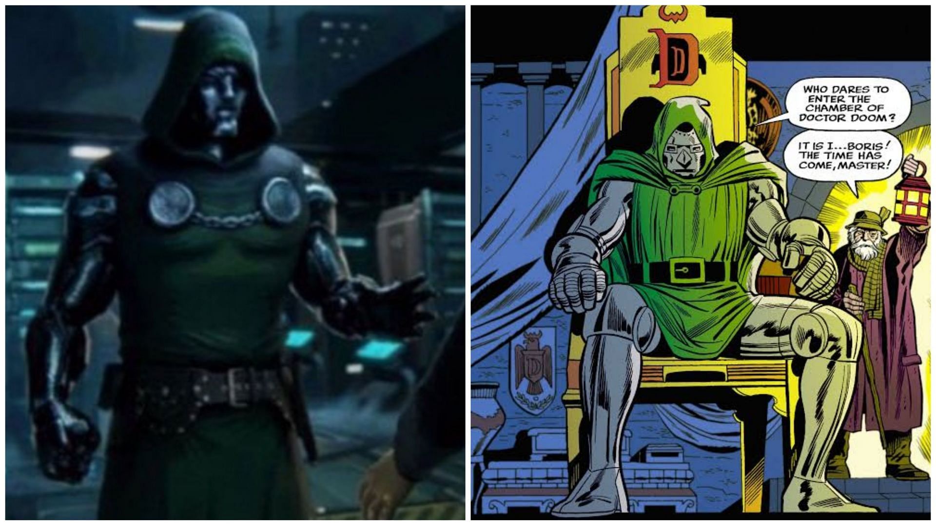 Rumored concept art of Doctor Doom and the character from the comics (Image via @Moth_Culture and Marvel Comics)