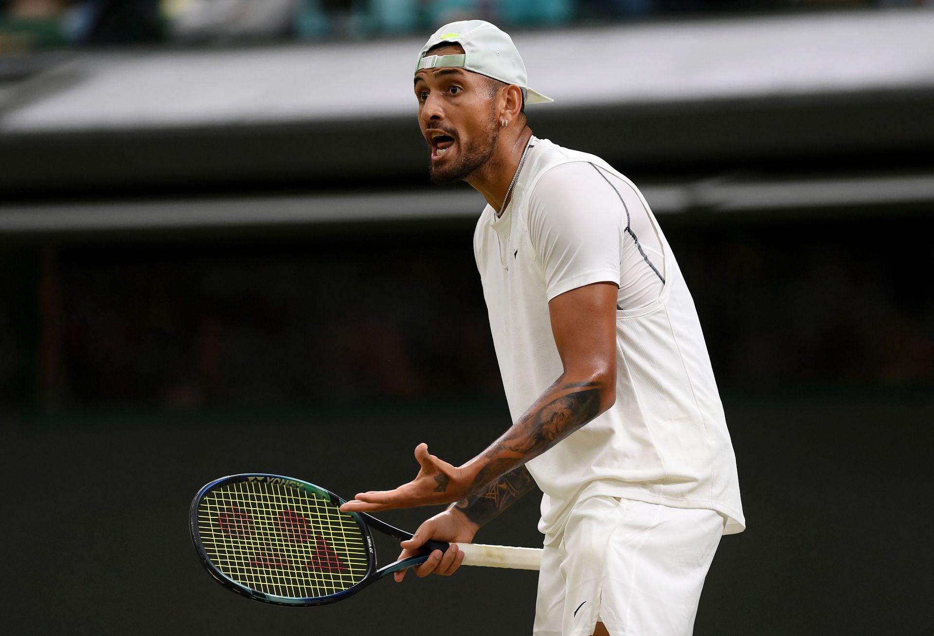 An animated Nick Kyrgios during his match against Stefanos Tsitsipas at the 2022 Wimbledon Championships