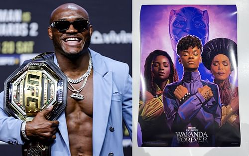 Kamaru Usman (left), Black Panther 2 poster (right - via @AngeliqueRoche on Twitter)