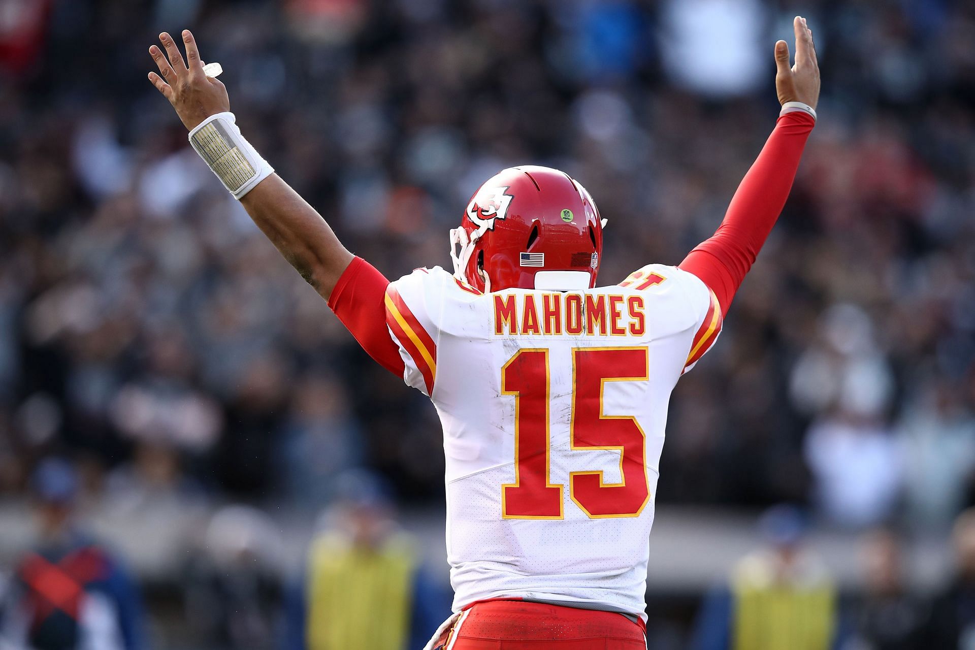 Kansas City Chiefs quarterback Patrick Mahomes celebrates on the field