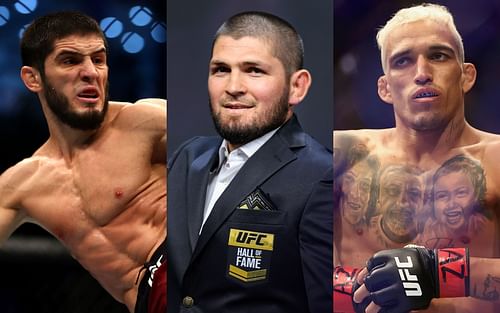 Islam Makhachev (left), Khabib Nurmagomedov (center), and Charles Oliveira (right) (Images via Getty)