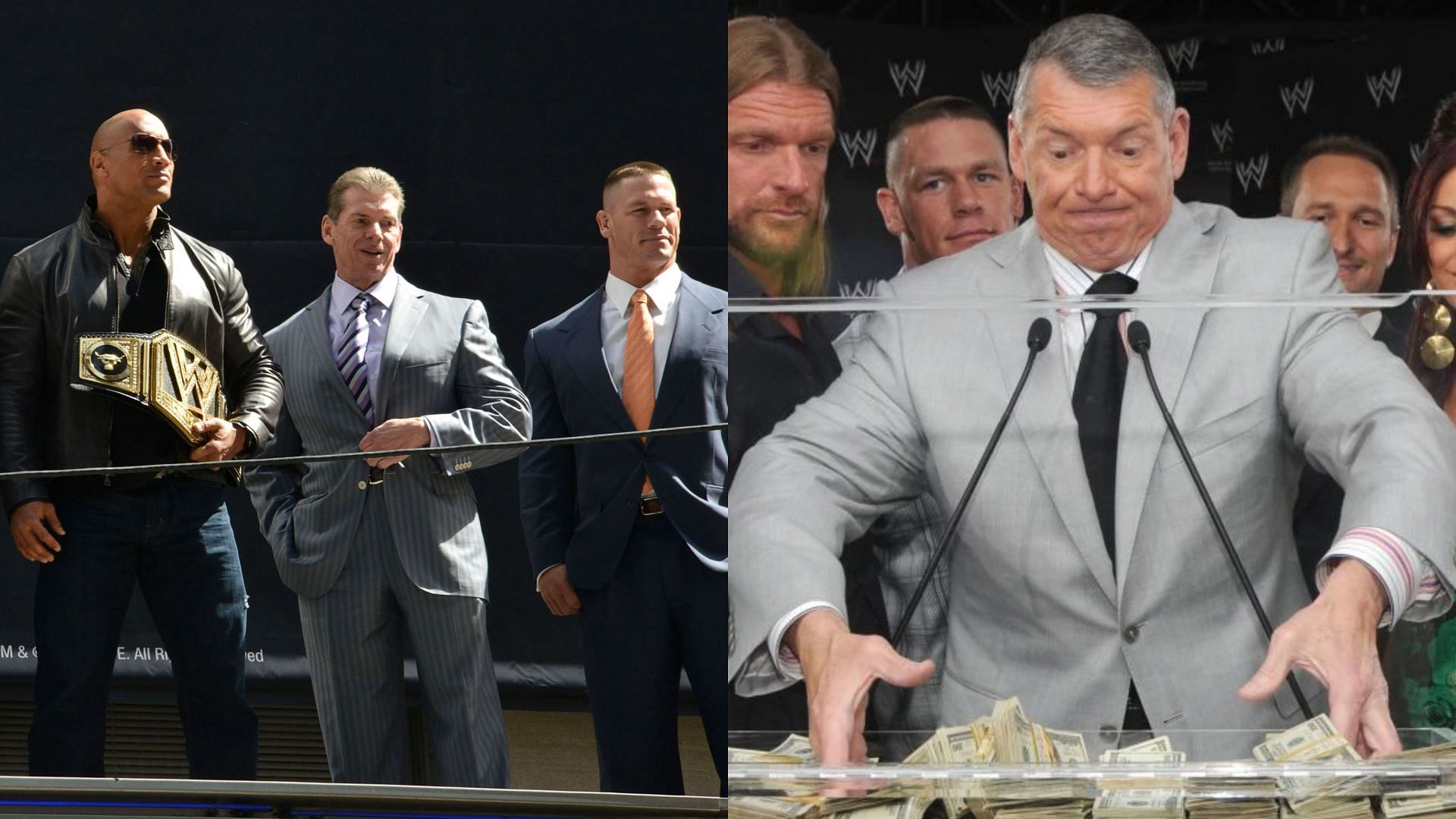 Mr. McMahon with Dwayne Johnson and John Cena