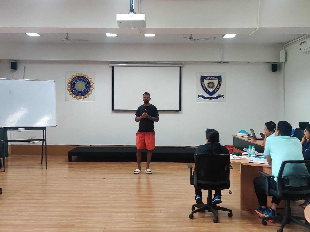 KL Rahul sharing his thoughts with candidates attending the Level-3 coach certification course at the NCA. Pic: VVS Laxman/ Twitter