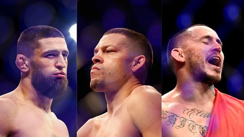 Nate Diaz (center) could pull off a surprise against Khamzat Chimaev (left) according to Marlon Vera (right)