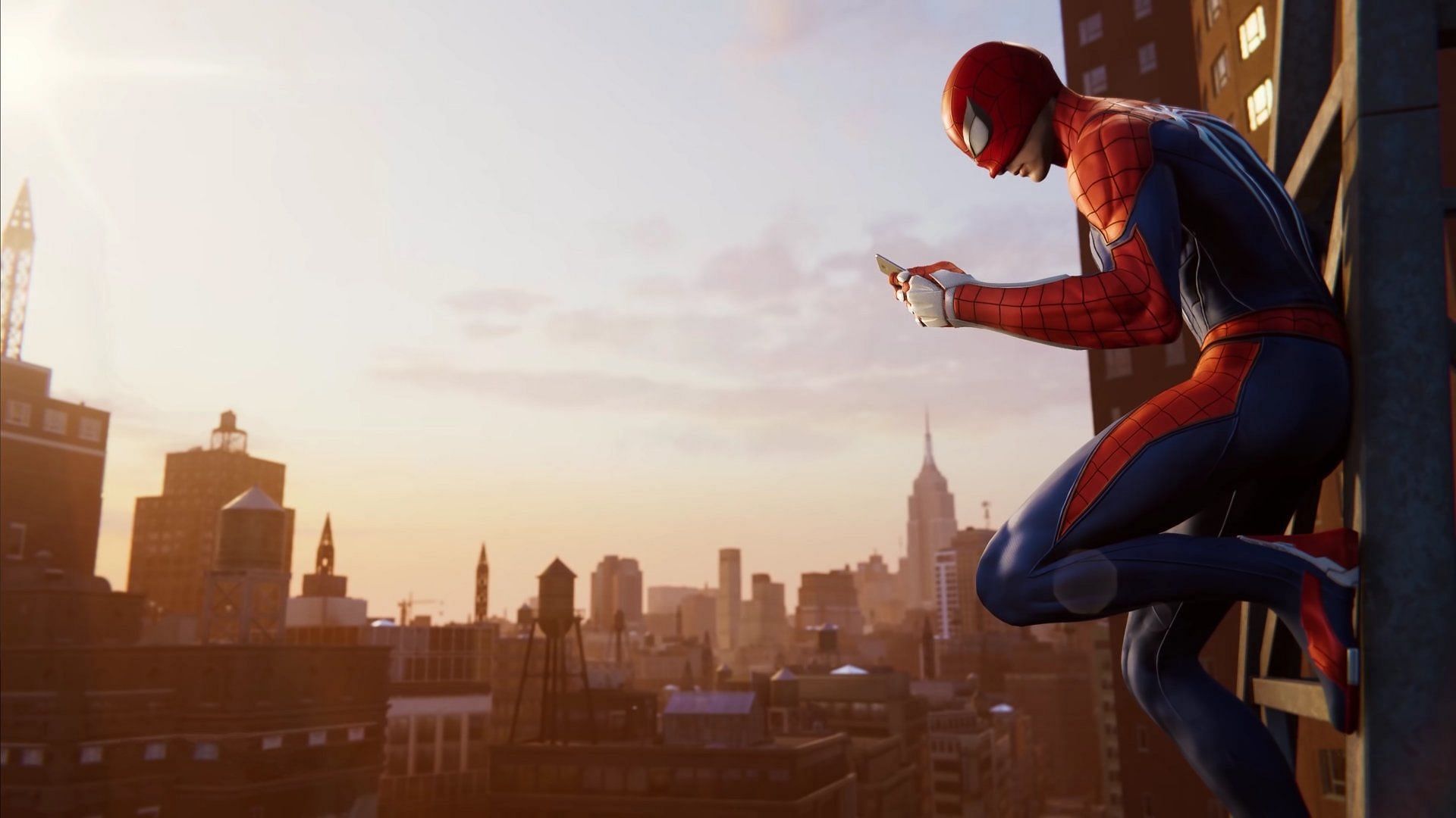Spider-Man rests with Manhattan in the background (Image via Insomniac Games)