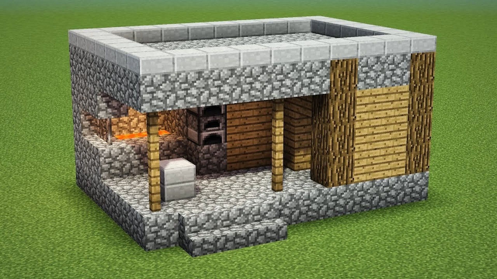 A village blacksmith shop in Minecraft (Image via Skrynnik Dima/YouTube)