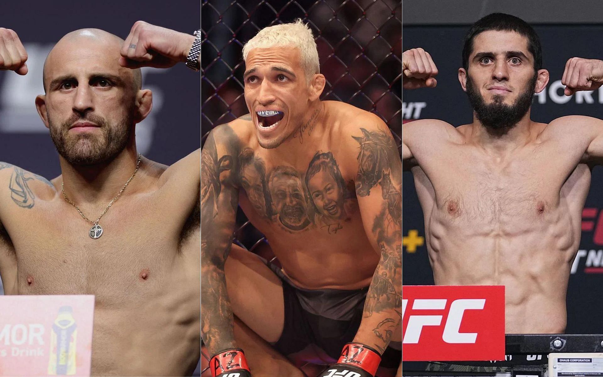 Alexander Volkanovski (left), Charles Oliveira (center), and Islam Makhachev (right)