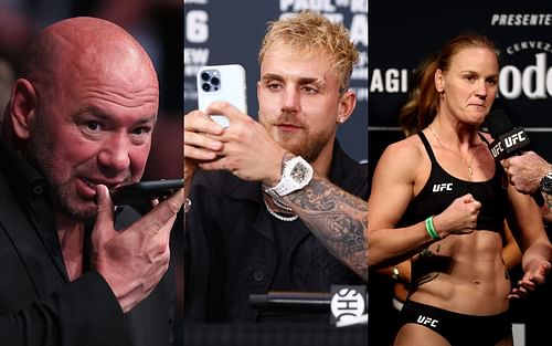 UFC president Dana White (left), Jake Paul (center), Valentina Shevchenko (right)