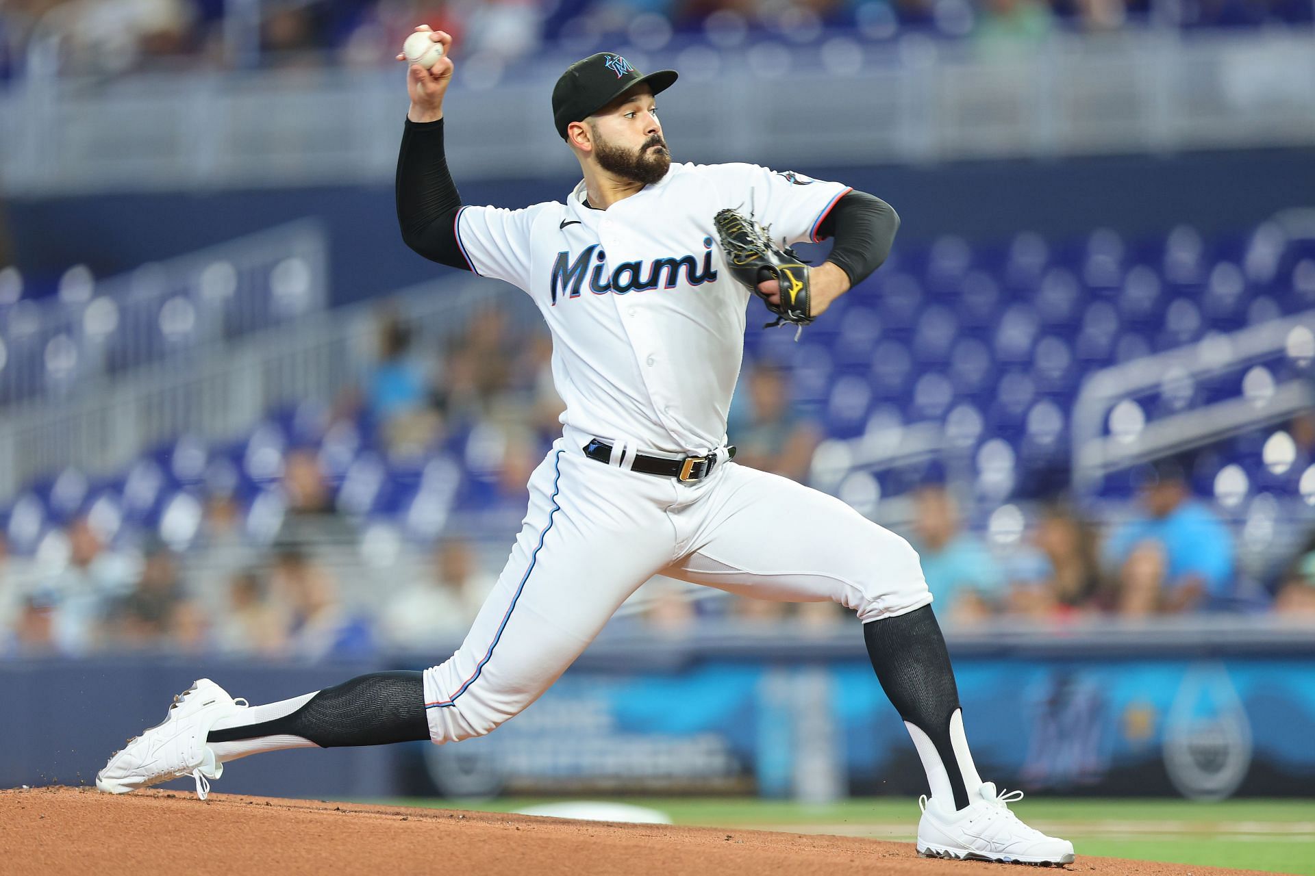 Pablo Lopez pitches during a Texas Rangers v Miami Marlins game.