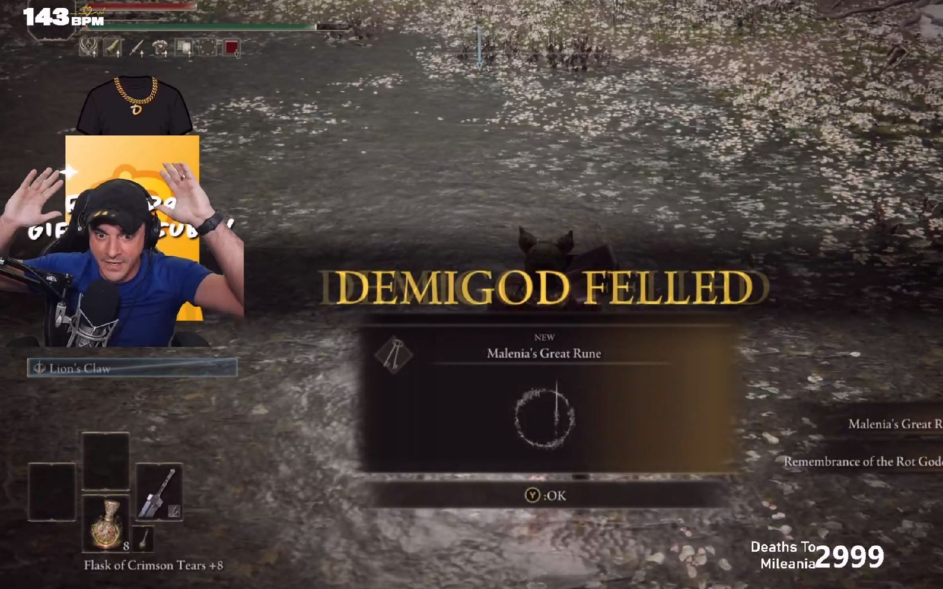 Dan Gheesling has defeated Malenia, Blade of Miquella, after dying 2,999 times to the boss (Image via DanGheesling/Twitch)