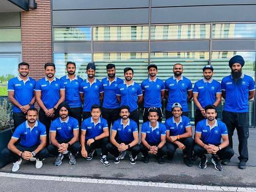 The Indian men's hockey team before their departure for the CWG 2022. (PC: Hockey India)