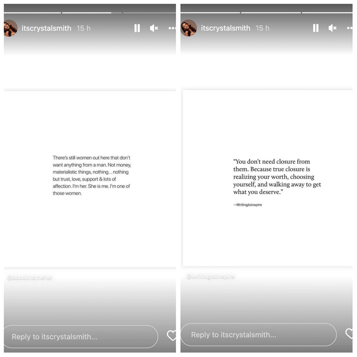 Crystal shares some encrypted quotes on Instagram soon after announcing split with husband. (Image via @itscrystalsmith/ Instagram)