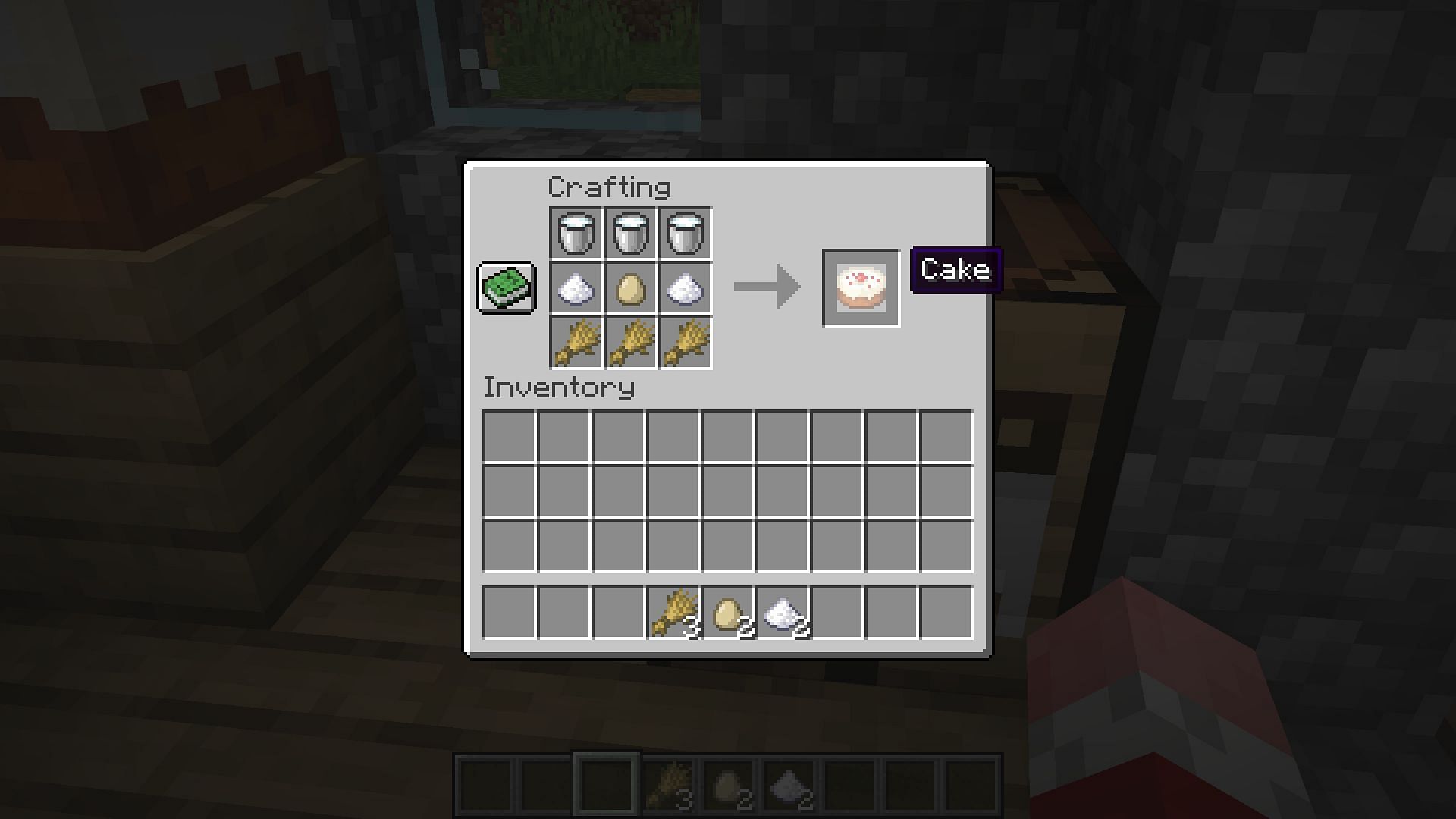 A cake requires milk buckets, wheat, sugar and eggs for crafting (Image via Minecraft 1.19 update)