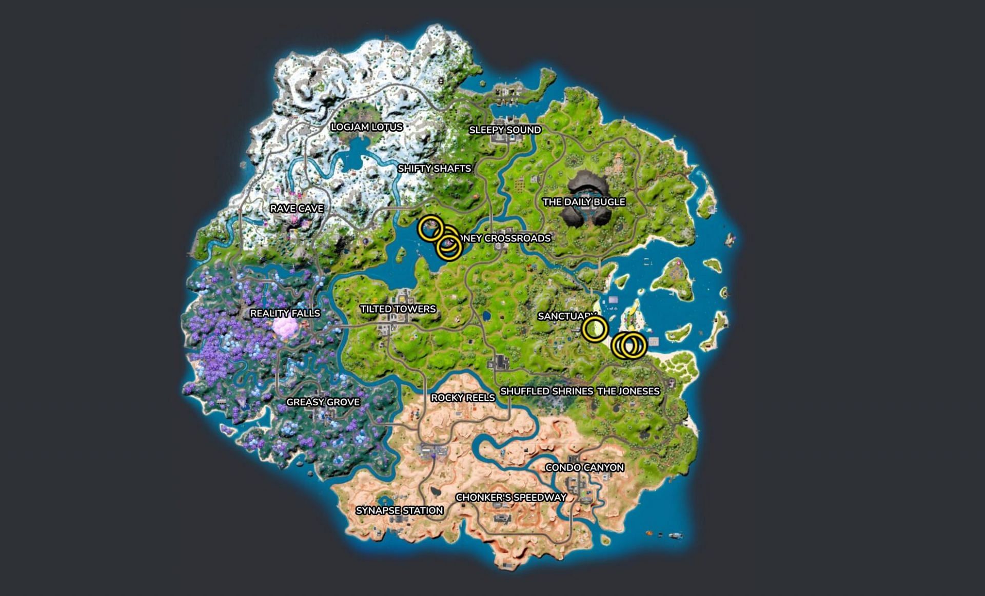 No Sweat signs can be found at these locations (Image via Fortnite.GG)
