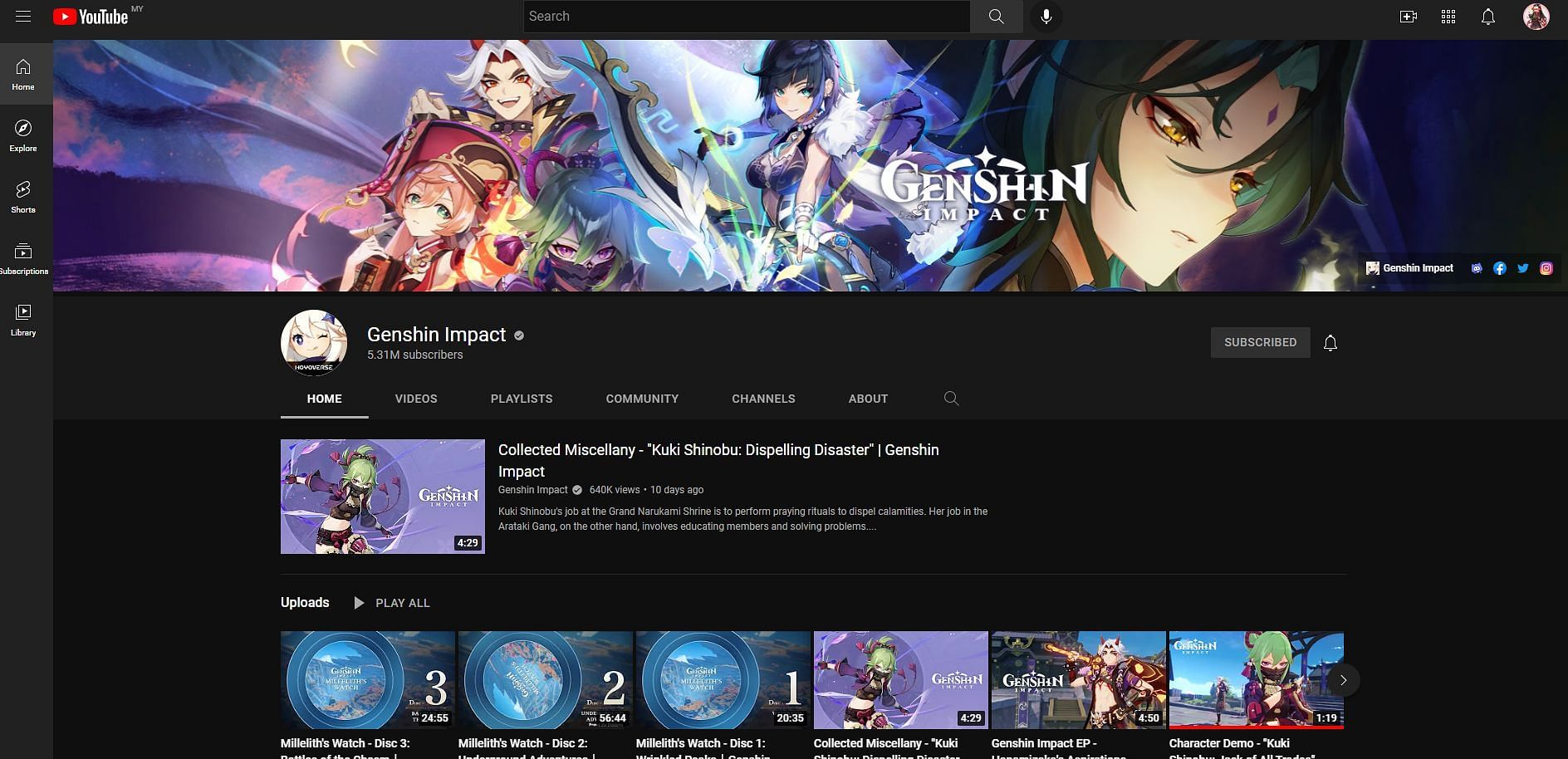 The official YouTube channel for the English version (Image via YouTube/Genshin Impact)