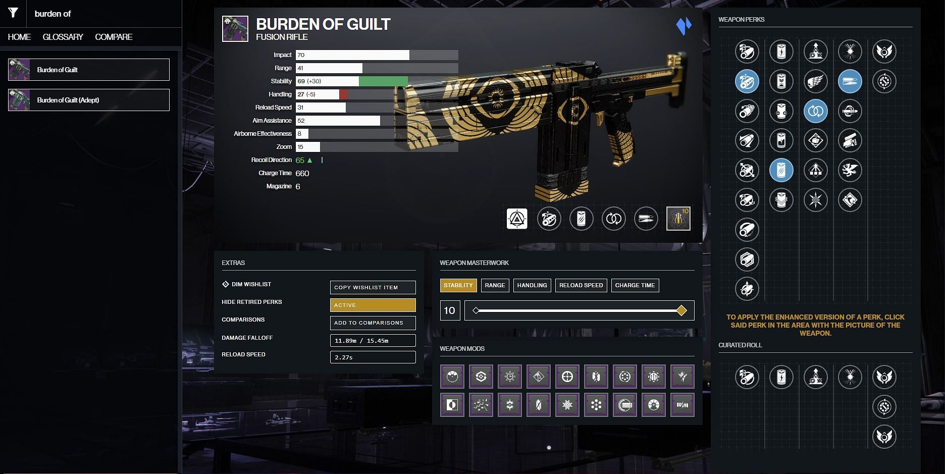 Burden of Guilt PvP god roll (Image via Destiny 2 Gunsmith)