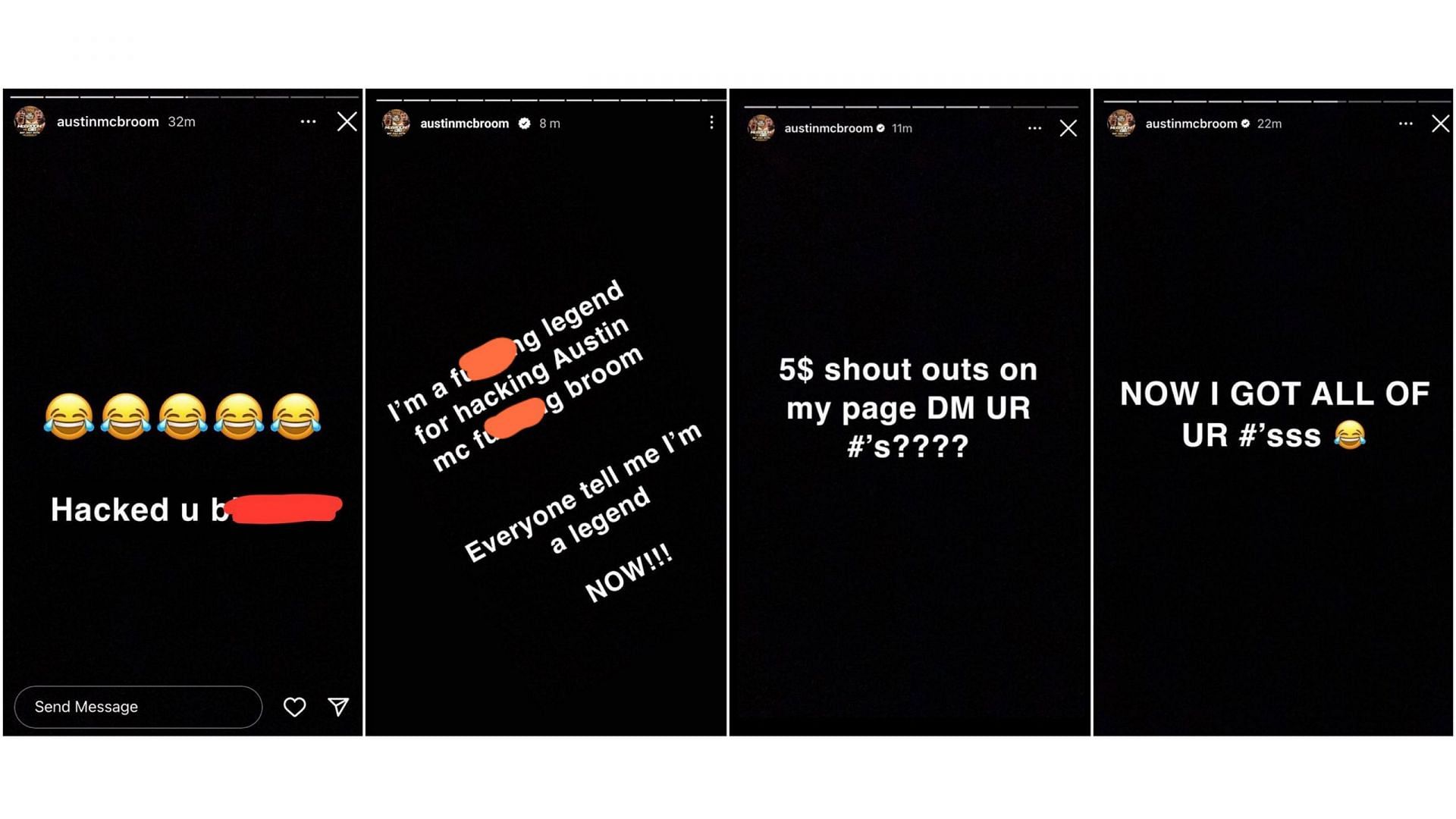 Stories posted by the hacker on Austin McBroom&#039;s Instagram account (Image via @defnoodles/Instagram)