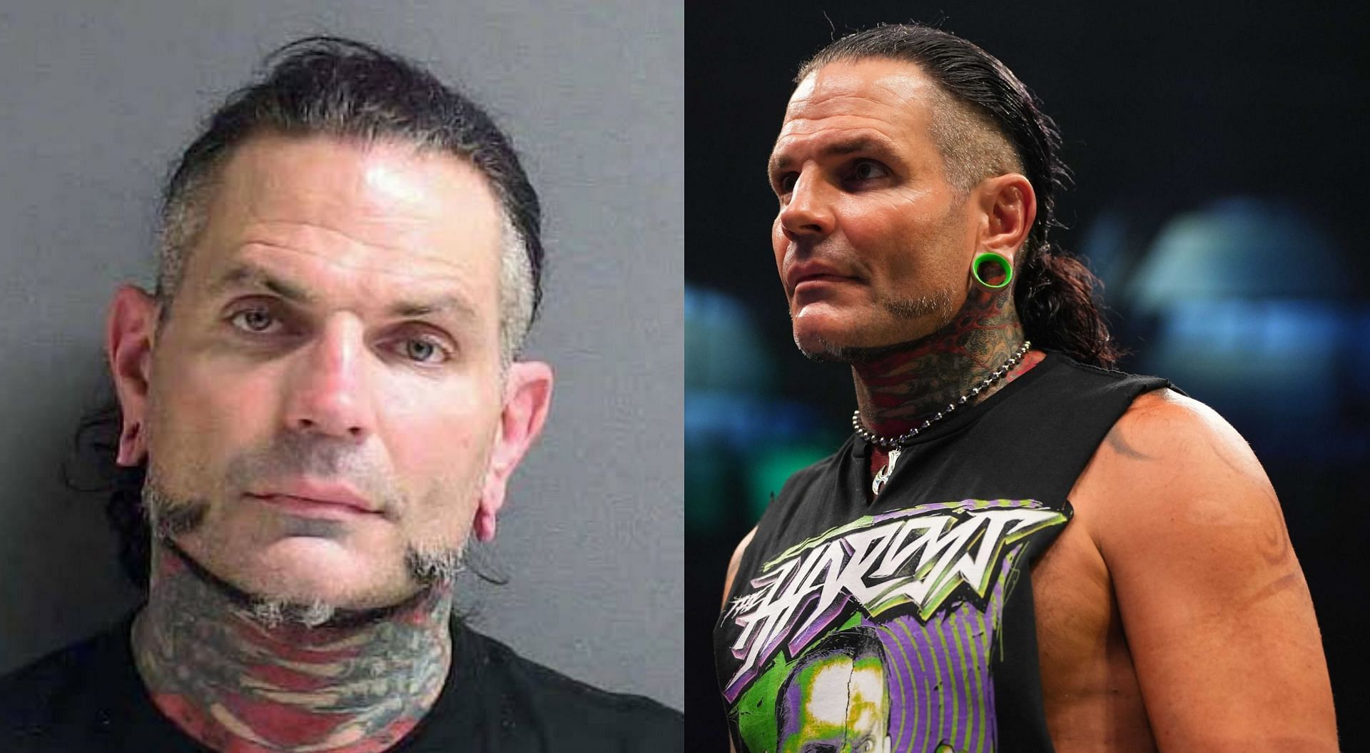 Hardy during his mugshot (left), the veteran during an episode of Rampage (right).