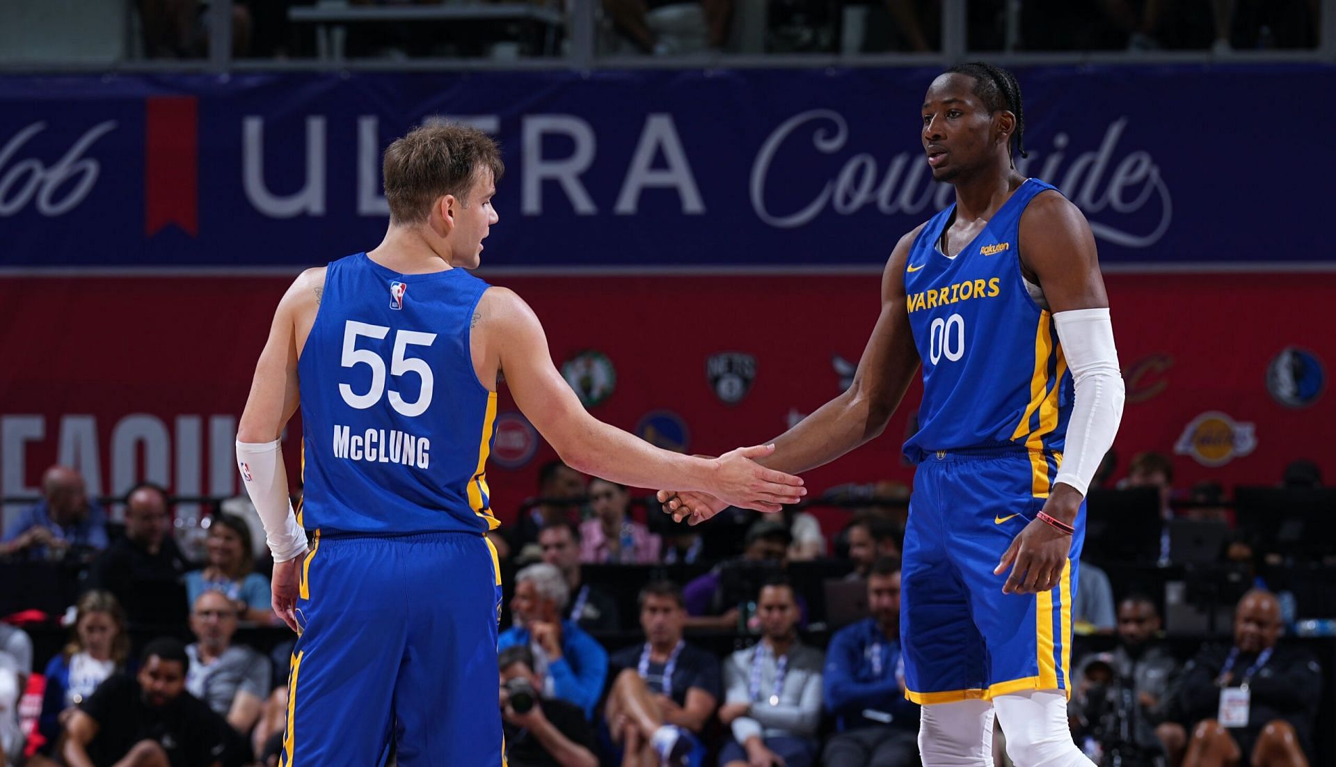 Mac McClung (L) and Jonathan Kuminga of the Golden State Warriors in the 2022 NBA Summer League