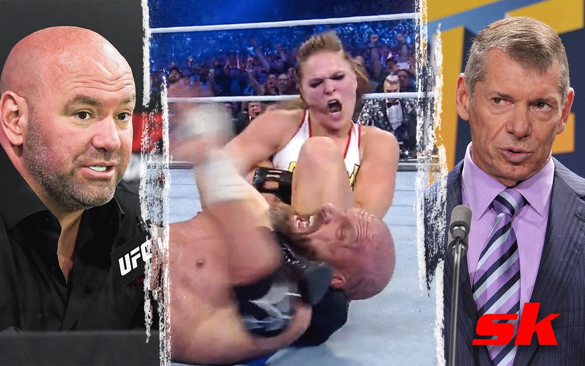(L to R) Dana White, Ronda Rousey and Triple H (via gamespot.com), Vince McMahon